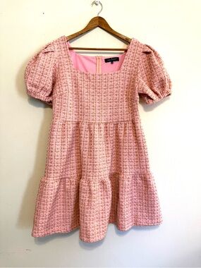 Simply Southern Dress Pink and Gold Tweed Dress Layered Puff Sleeve Size Large